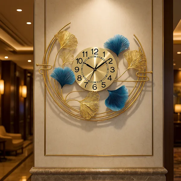 Gold_And_Blue_Luxury_Ginkgo_Leaf_Wall_Clock_&_Metal_Art_Decor