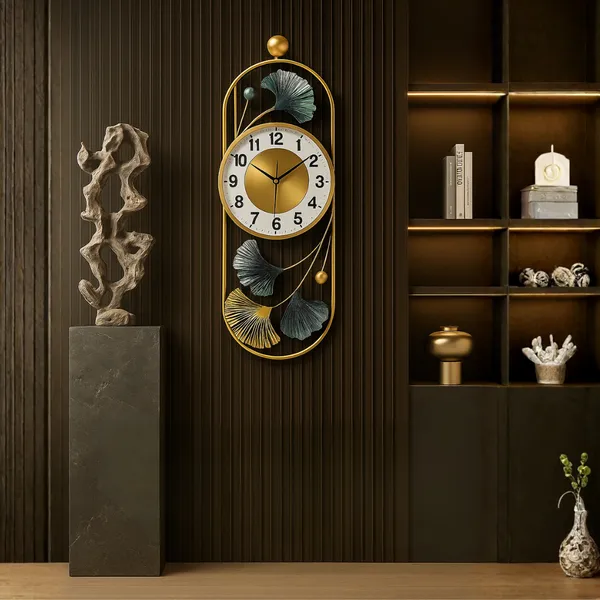 Gold_And_Silver_Ginkgo_Leaf_Wall_Clock_With_Decorative_Metal_Frame