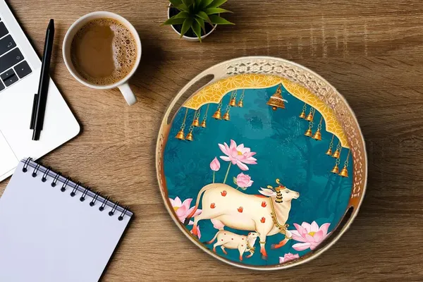 Gold_Decorative_Round_Serving_Tray_With_Sacred_Cow_And_Lotus_Design