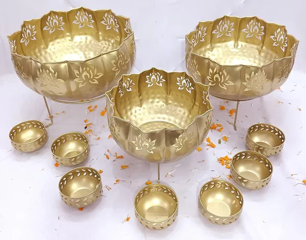 Gold_And_Black_Brass_Decorative_Bowl_Set_With_Laser_Cut_Floral_Design_And_Large_Bowls_And_7_Small_Bowls_With_Stands