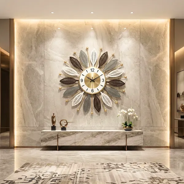 Decorative_Sunburst_Wall_Clock_With_Multi_Tone_Leaf_Design_60cm