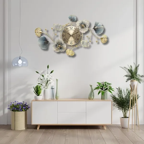 Gold_And_Blue_Decorative_Ginkgo_Leaf_Wall_Clock_&_Floral_Design