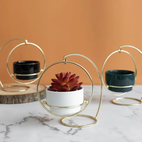 Gold_And_Black_Metal_Hanging_Planter_Stand_Withceramic_Pot