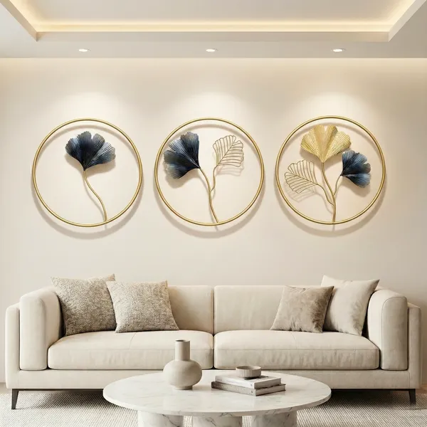 Gold_And_Black_Decorative_Metal_Ginkgo_Leaf_Wall_Art_&_Circular_Frames