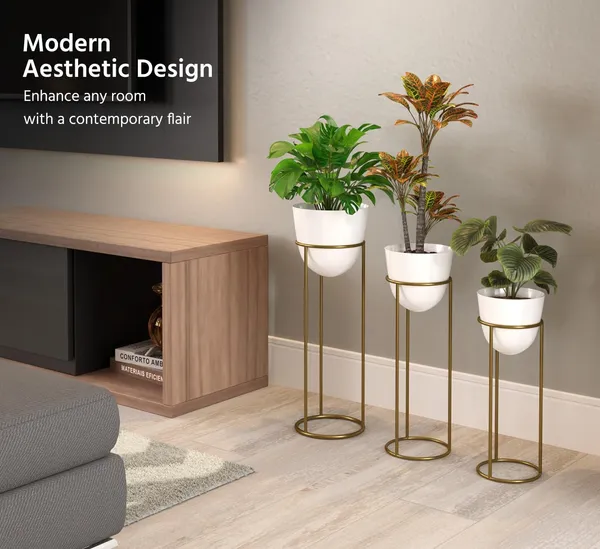 Gold_And_White_Modernmetal_Plant_Stands_Withceramic_Pots