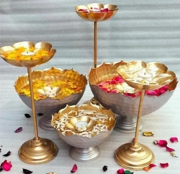 Gold_Decorative_Brass_Floating_Diya_Stand_Set_With_Flower_Holders