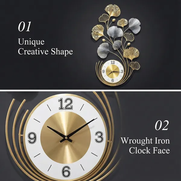 Gold_And_Silver_Decorative_Ginkgo_Leaf_Wall_Clock_&_Silver_Metal_Art_Design