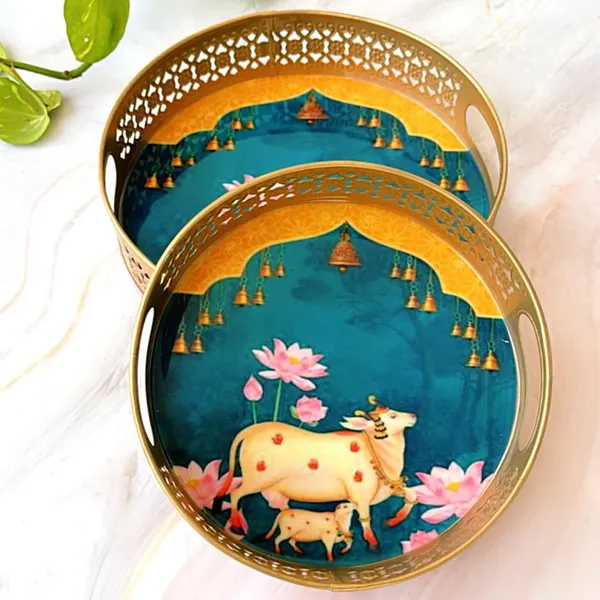 Gold_Decorative_Round_Serving_Tray_With_Sacred_Cow_And_Lotus_Design