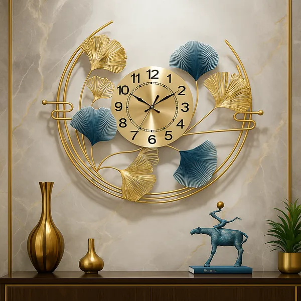 Gold_And_Blue_Luxury_Ginkgo_Leaf_Wall_Clock_&_Metal_Art_Decor