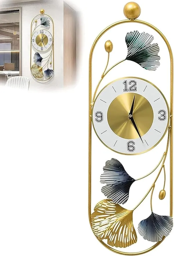 Gold_And_Silver_Ginkgo_Leaf_Wall_Clock_With_Decorative_Metal_Frame