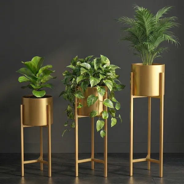 Gold_Finish_Metal_Plant_Stands_With_Cylindrical_Planters