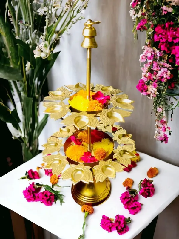 Brass_Two_Tier_Peacock_Feather_Design_Pooja_Flower_Stand_With_Bell_Top