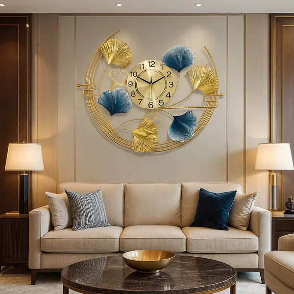 Gold_And_Blue_Luxury_Ginkgo_Leaf_Wall_Clock_&_Metal_Art_Decor