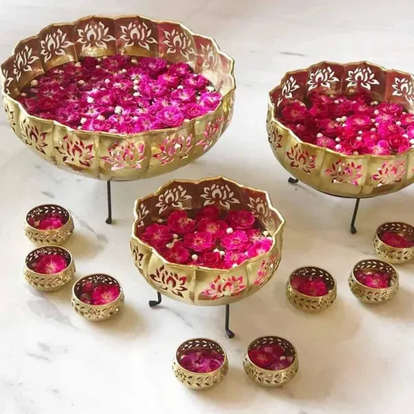 Gold_And_Black_Brass_Decorative_Bowl_Set_With_Laser_Cut_Floral_Design_And_Large_Bowls_And_7_Small_Bowls_With_Stands
