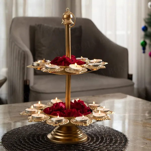 Gold_Brass_Two_Tier_Traditional_Diya_Stand_With_Oil_Lamps