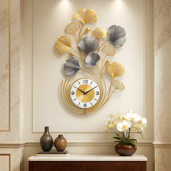 Gold_And_Silver_Decorative_Ginkgo_Leaf_Wall_Clock_&_Silver_Metal_Art_Design