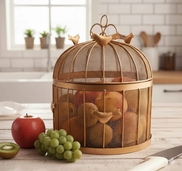 Gold_Decorative_Birdcage_Fruit_Basket_With_Mesh_Domefinish