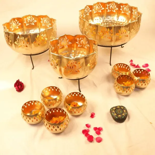 Gold_And_Black_Brass_Decorative_Bowl_Set_With_Laser_Cut_Floral_Design_And_Large_Bowls_And_7_Small_Bowls_With_Stands
