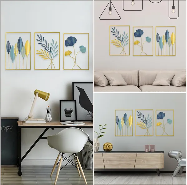 Gold_Piece_Metal_Wall_Art_Set_Botanical_Leaf_&_Floral_Design_Withframe