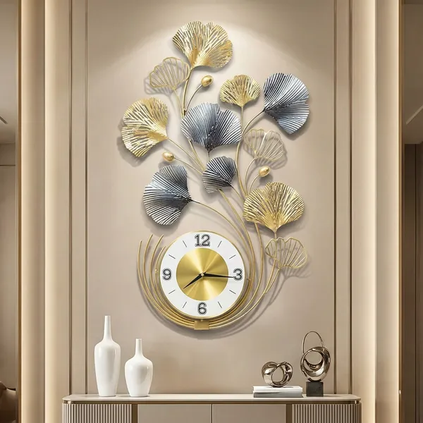 Gold_And_Silver_Decorative_Ginkgo_Leaf_Wall_Clock_&_Silver_Metal_Art_Design