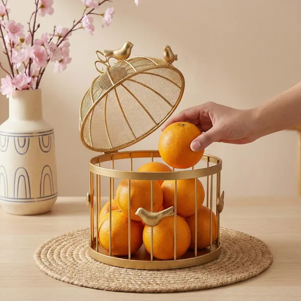 Gold_Decorative_Birdcage_Fruit_Basket_With_Mesh_Domefinish