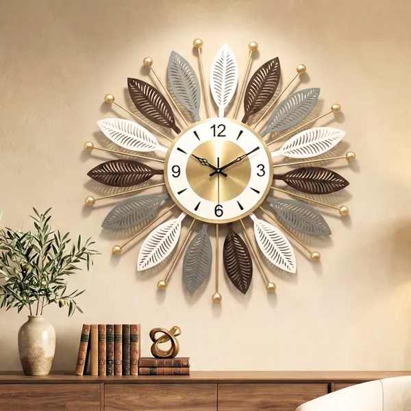 Decorative_Sunburst_Wall_Clock_With_Multi_Tone_Leaf_Design_60cm