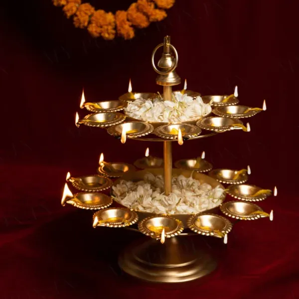 Gold_Brass_Two_Tier_Traditional_Diya_Stand_With_Oil_Lamps