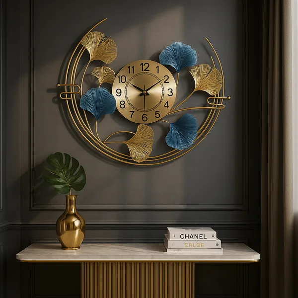 Gold_And_Blue_Luxury_Ginkgo_Leaf_Wall_Clock_&_Metal_Art_Decor