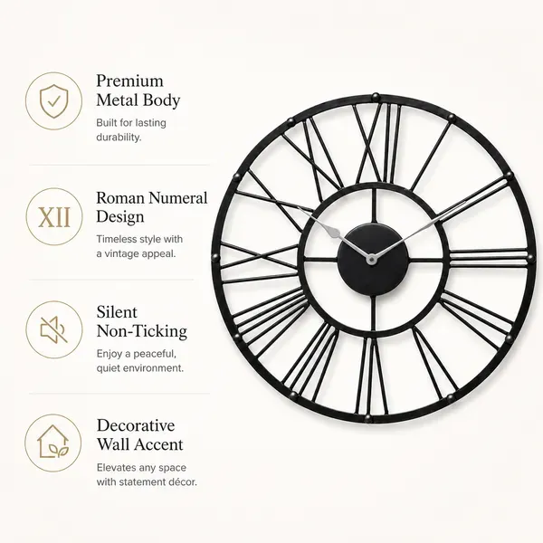 Black_Metal_Roman_Numeral_Wall_Clock_for_Living_Room,_Vintage_Round_Decorative_Wall_Clock,_Silent_Non-Ticking_Designer_Clock_for_Home,_Bedroom,_Hall_&_Office_Décor