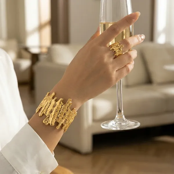 Gold_Toned_Textured_Statement_Bracelet_And_Ring_Set_For_Women