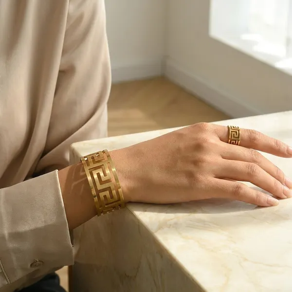 Greek_Key_Pattern_Gold_Toned_Bracelet_And_Ring_Set_For_Women