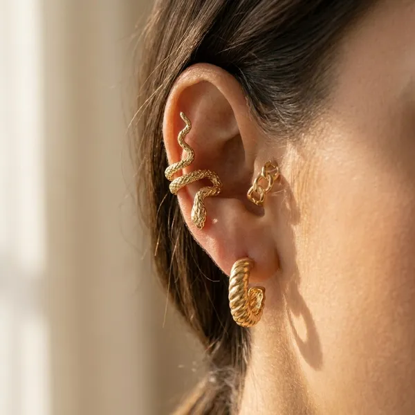 Gold_Toned_Twisted_Hoop_And_Snake_Ear_Cuff_Set_For_Women