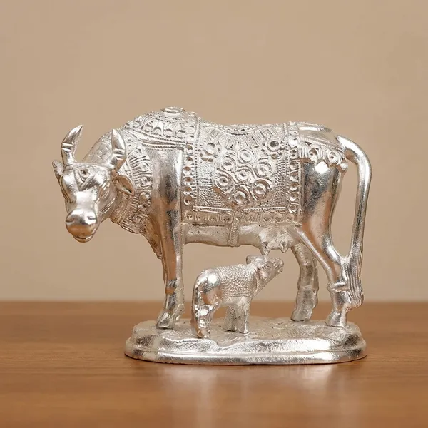 White_Metal_Silver_Color_Cow_And_Calf_Figurine___Decorative_Metal_Idol