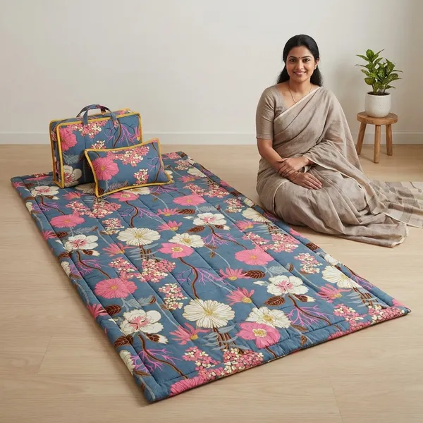 Multicolour_Corai_Grass_Cotton_&_Polyester_Foldable_Sleeping_Mat_Set