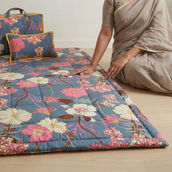 Multicolour_Corai_Grass_Cotton_&_Polyester_Foldable_Sleeping_Mat_Set