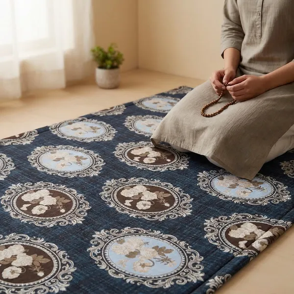 Navy_Blue_And_White_Corai_Grass_Cotton_&_Polyester_Mat_For_Prayer_Or_Meditation