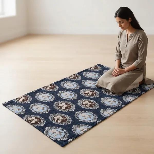 Navy_Blue_And_White_Corai_Grass_Cotton_&_Polyester_Mat_For_Prayer_Or_Meditation