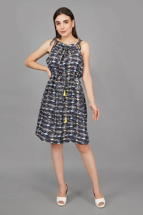 Charcoal_Grey_Abstract_Ruffle_Collar_Belted_Dress_For_Women