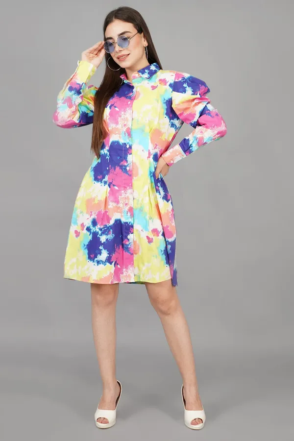Multicolor_Abstract_Watercolour_Lantern_Sleeve_Dress_For_Women
