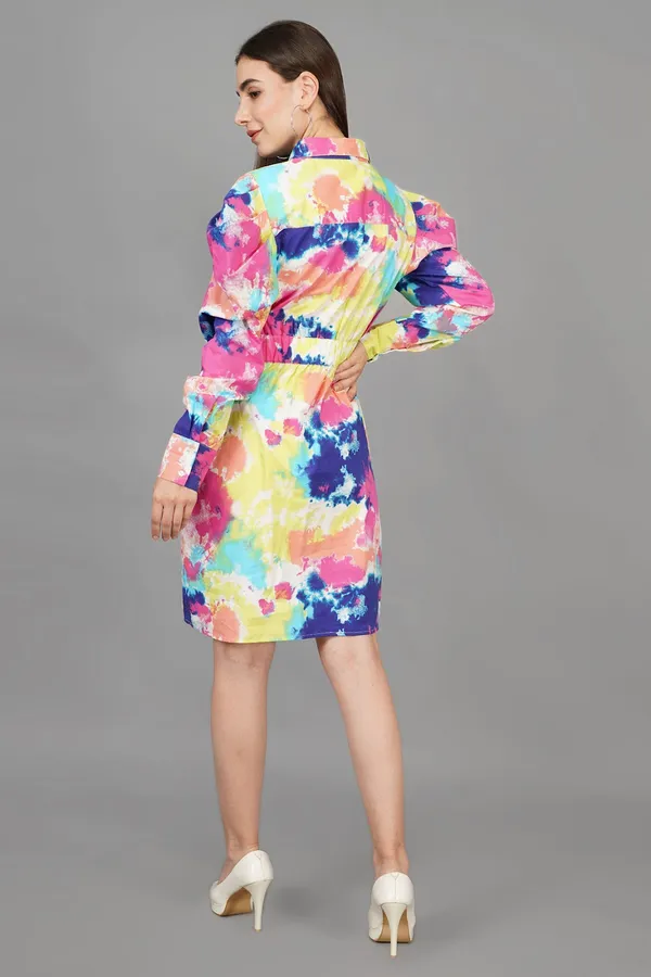 Multicolor_Abstract_Watercolour_Lantern_Sleeve_Dress_For_Women