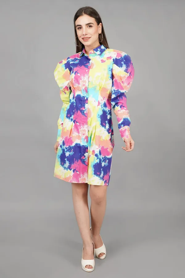Multicolor_Abstract_Watercolour_Lantern_Sleeve_Dress_For_Women