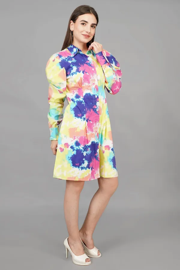 Multicolor_Abstract_Watercolour_Lantern_Sleeve_Dress_For_Women