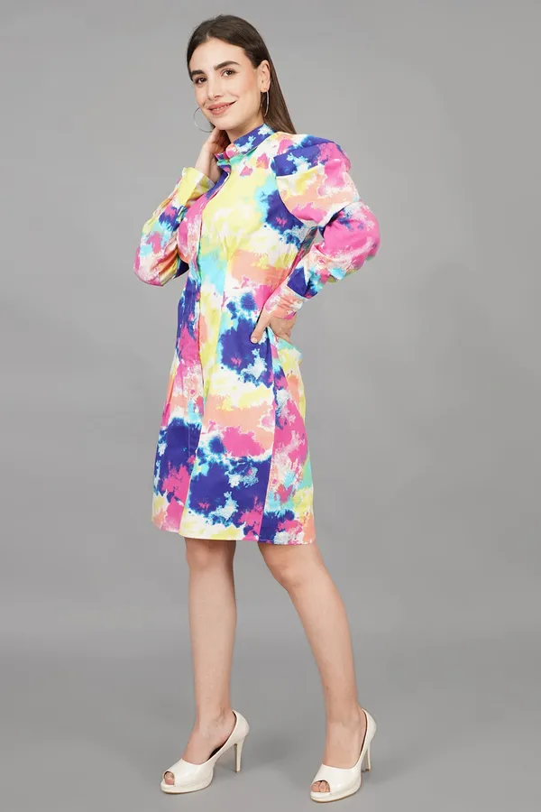 Multicolor_Abstract_Watercolour_Lantern_Sleeve_Dress_For_Women
