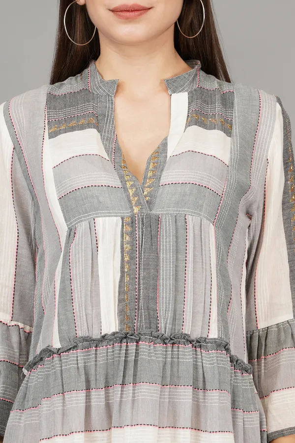 Grey_And_White_Embroidered_V_Neck_Short_Dress_For_Women