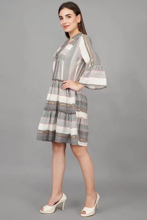 Grey_And_White_Embroidered_V_Neck_Short_Dress_For_Women