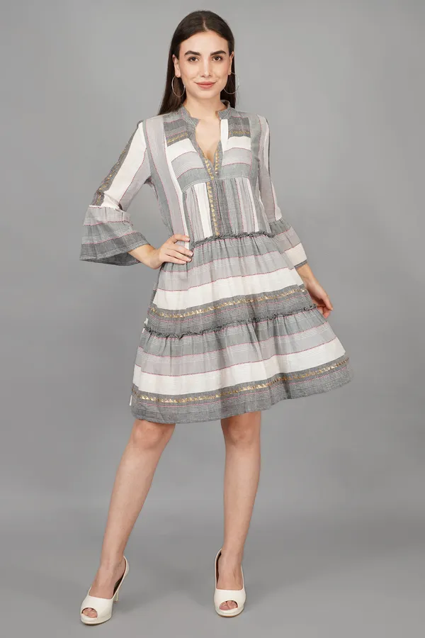 Grey_And_White_Embroidered_V_Neck_Short_Dress_For_Women