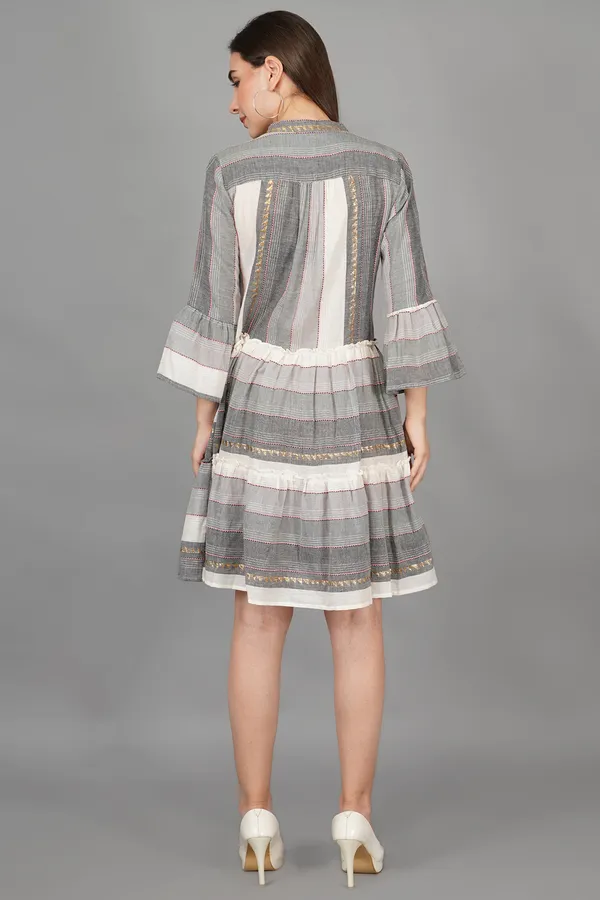 Grey_And_White_Embroidered_V_Neck_Short_Dress_For_Women