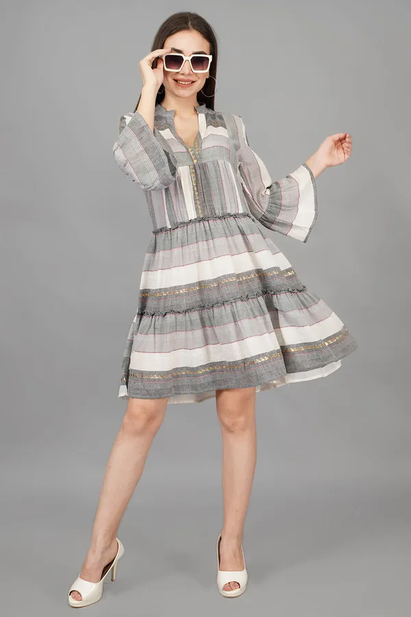 Grey_And_White_Embroidered_V_Neck_Short_Dress_For_Women