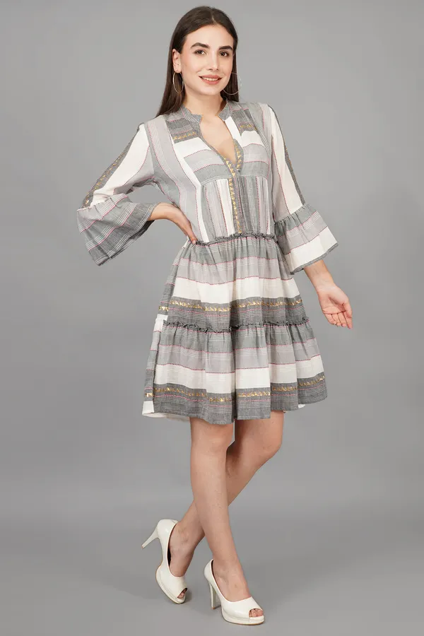 Grey_And_White_Embroidered_V_Neck_Short_Dress_For_Women