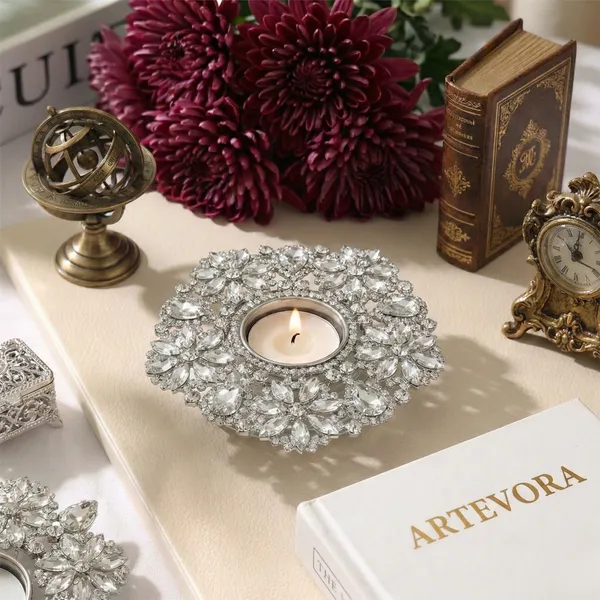 Silver_Handcrafted_Crystal_Encrusted_Luxury_Tealight_Candle_Holder_Royal_Vintage_Aesthetic_Decorative_Metal_And_Glass_Centerpiece_For_Home_Decor,_Festivals_And_Gifting_Silver_Startburst